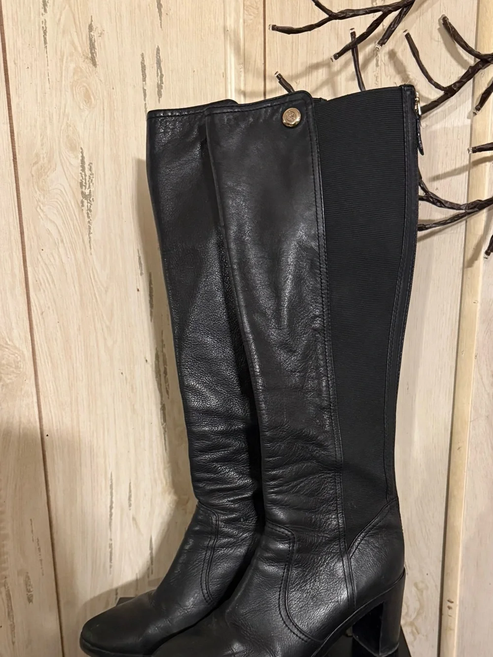 Tory Burch Black Leather Over-the-Knee Boots with Logo Button